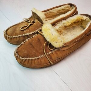 LL Bean Mens Moccasin‎ Slippers Brown Suede Shearling Lined Size 12 Medium